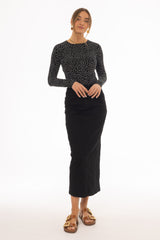 Black Zipper Denim Maxi Skirt