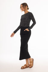 Black Zipper Denim Maxi Skirt
