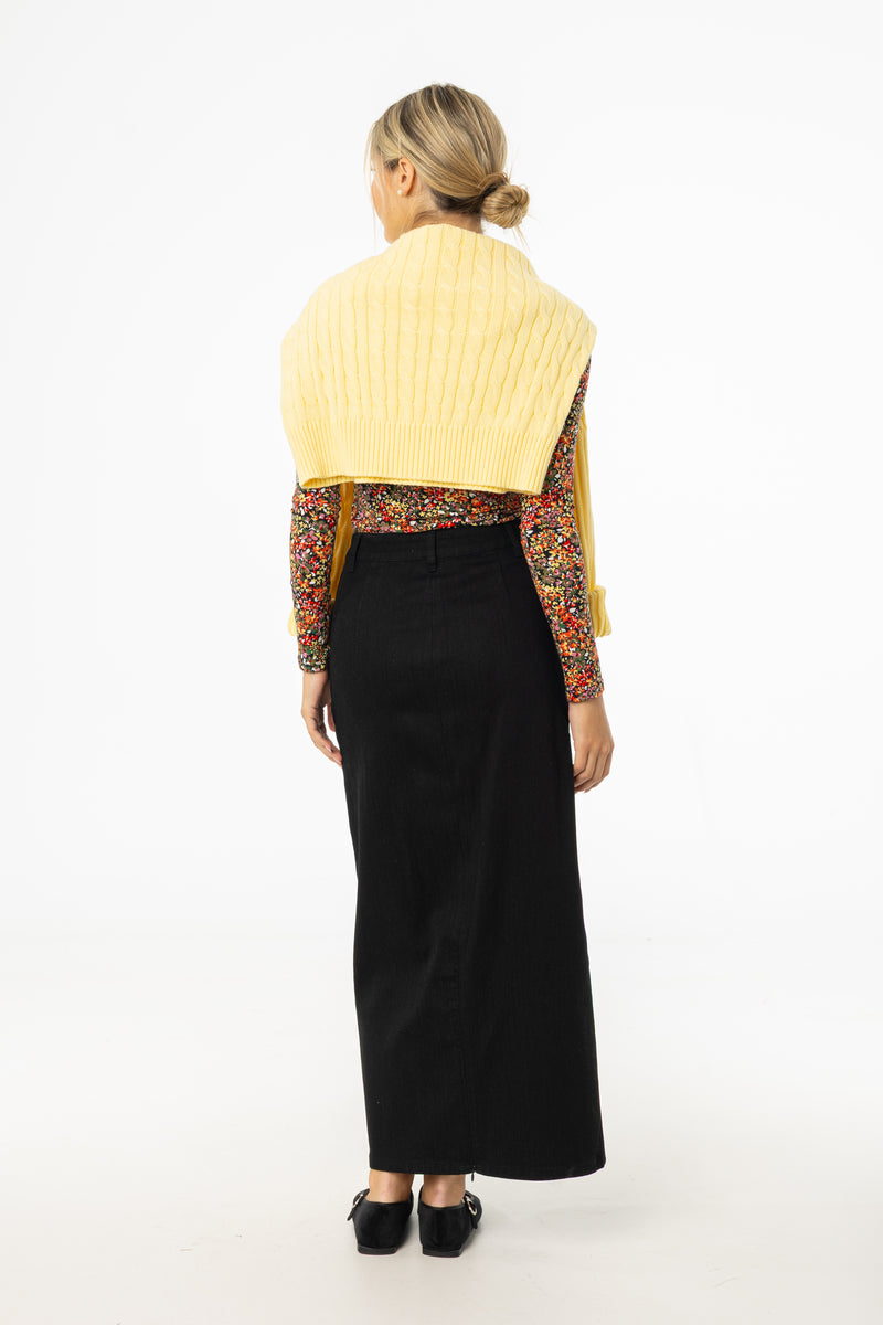 Black Zipper Denim Maxi Skirt