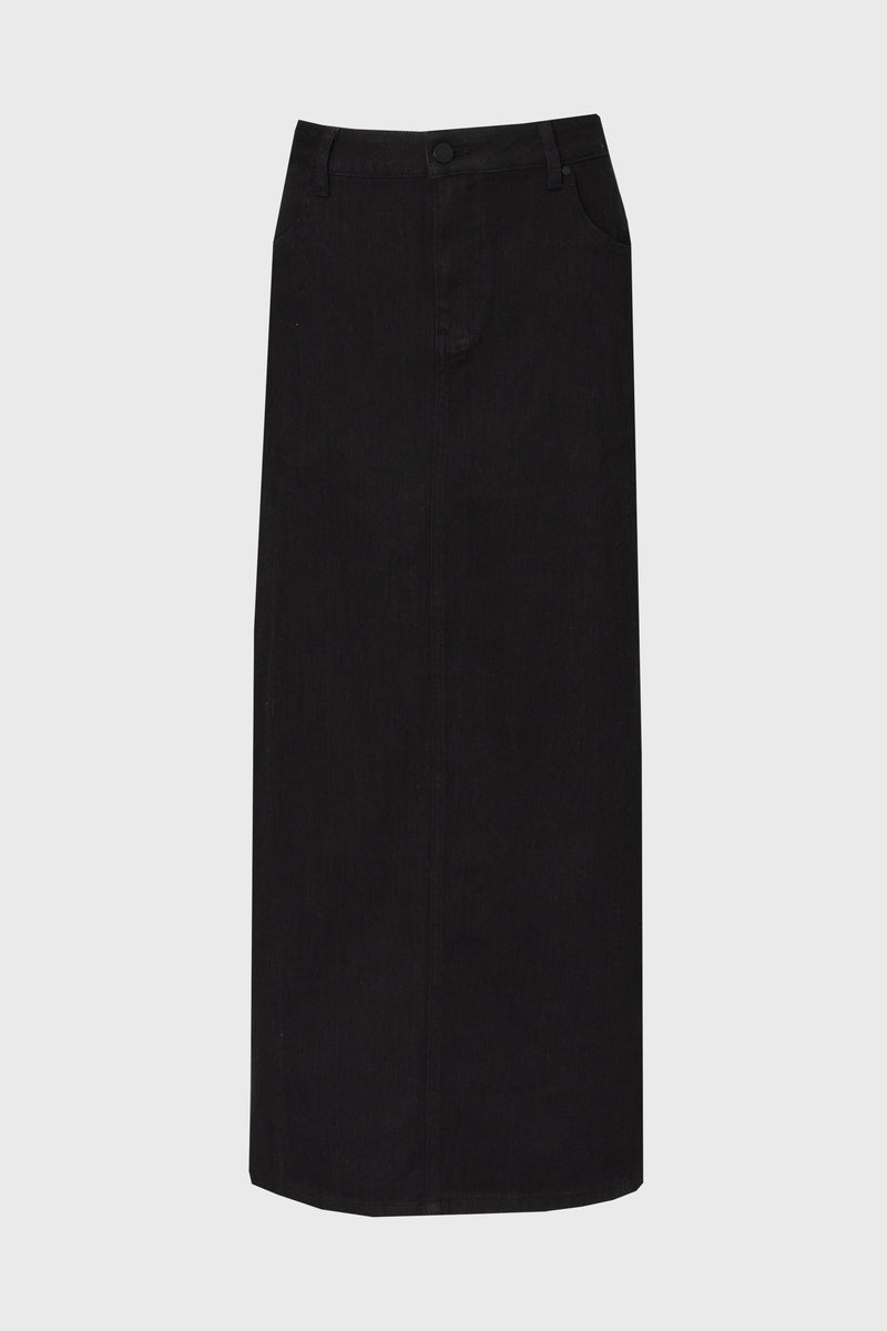 Black Zipper Denim Maxi Skirt