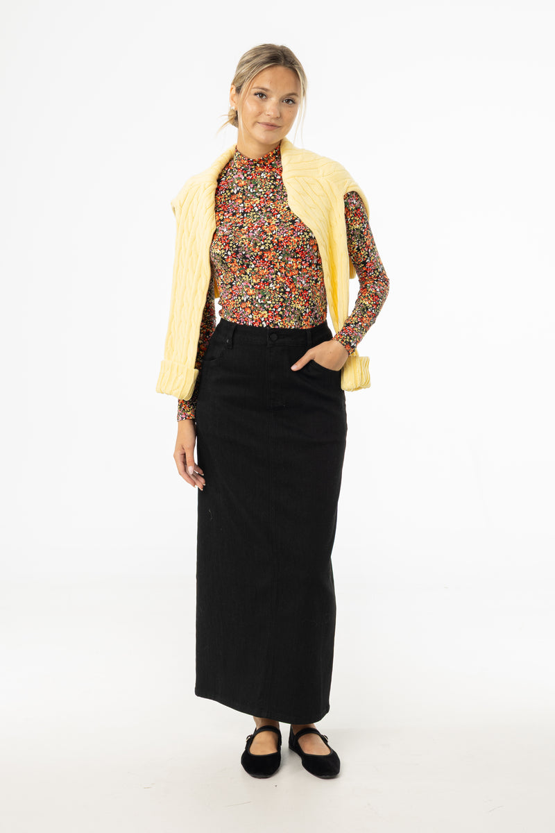 Black Zipper Denim Maxi Skirt