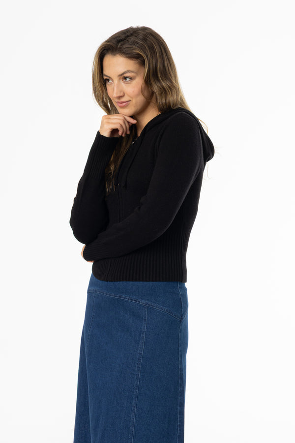 Black Zipper Knit Hoodie