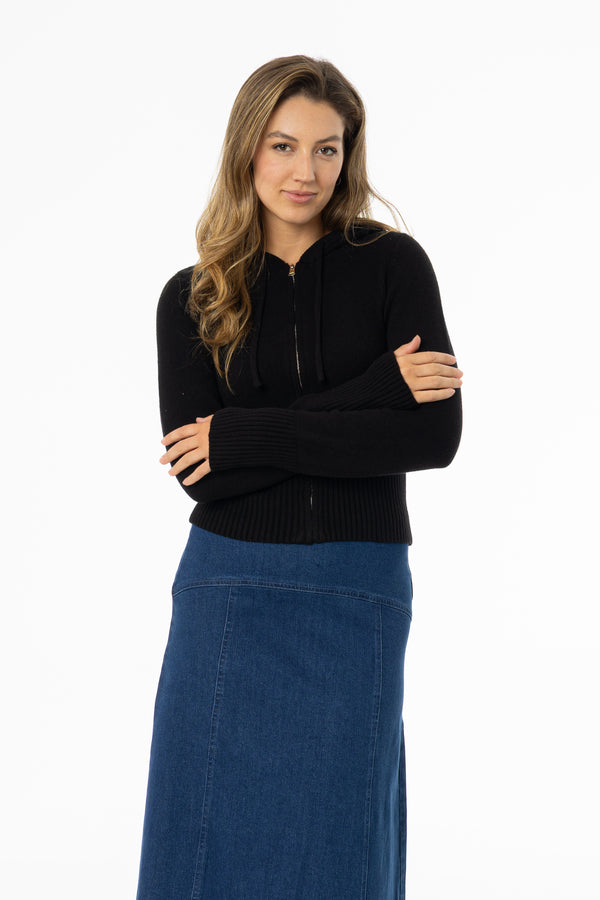 Black Zipper Knit Hoodie