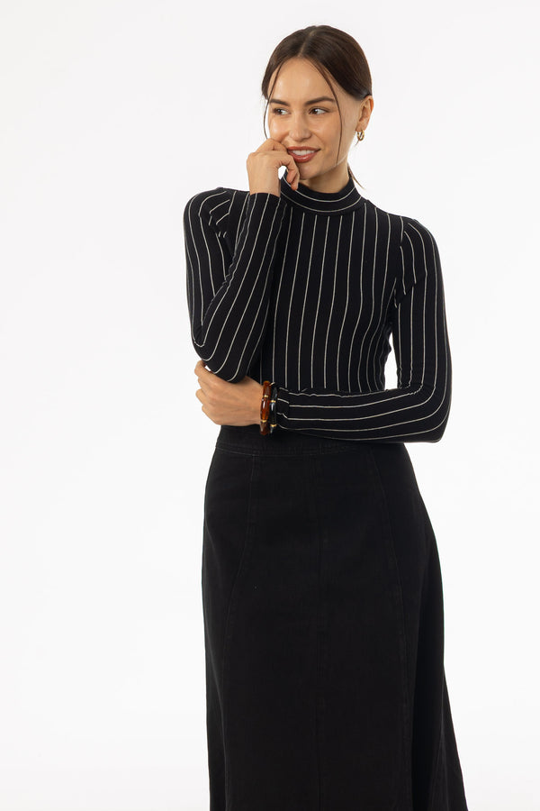 Black & White Striped Mock Neck Top