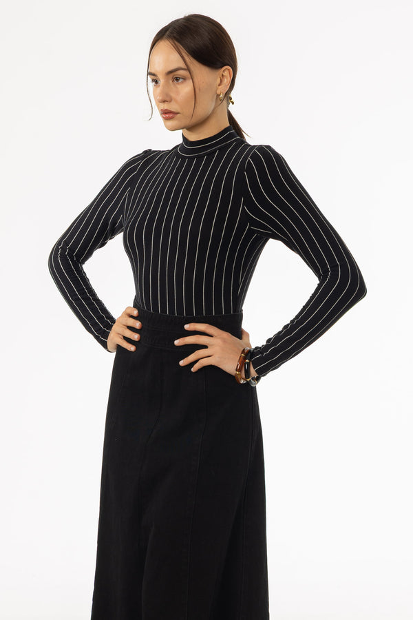 Black & White Striped Mock Neck Top
