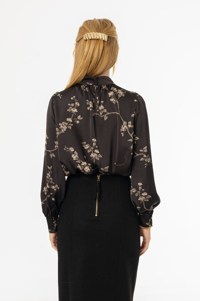 Black & Beige Mock Neck Blouse