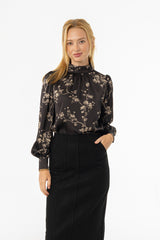 Black & Beige Mock Neck Blouse