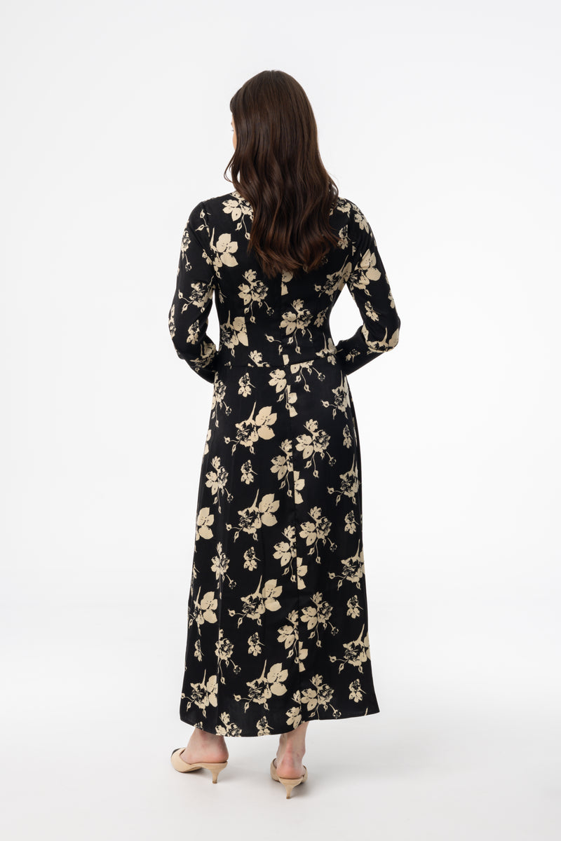 Black Floral Ruched Maxi Dress