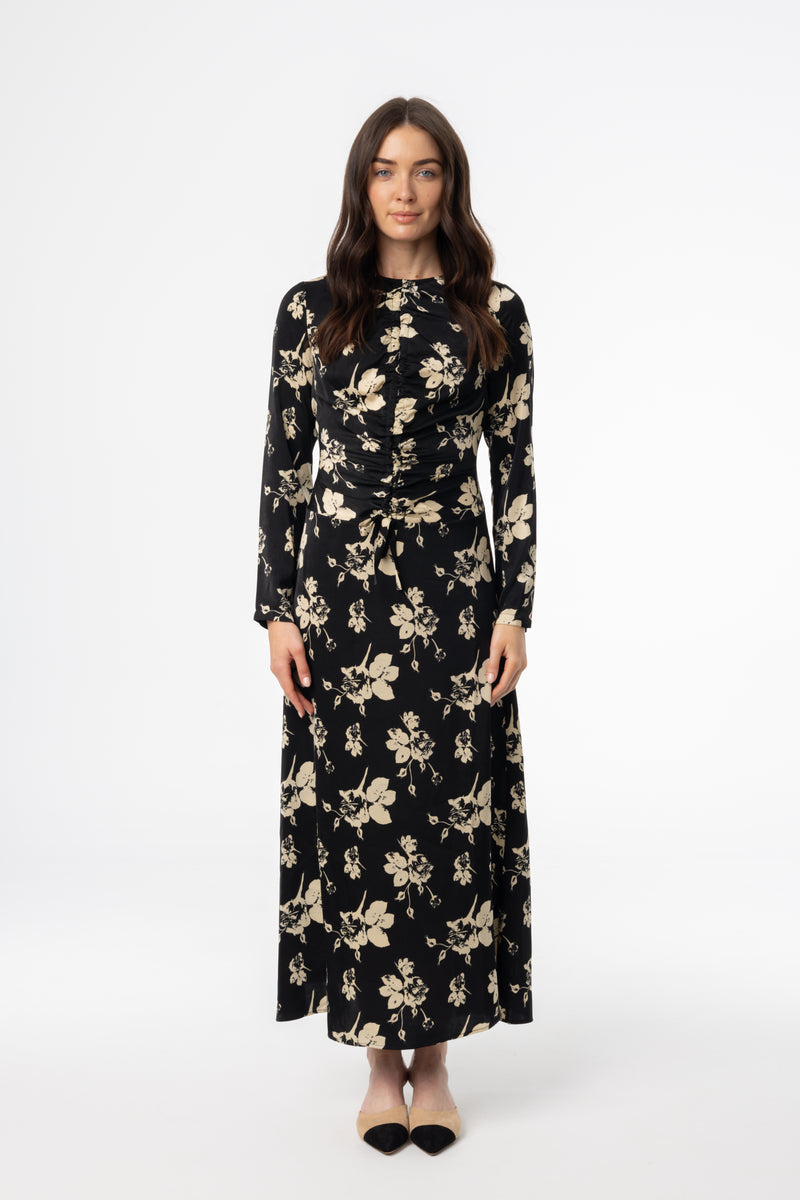 Black Floral Ruched Maxi Dress