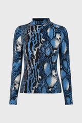 Blue Animal Printed Mock Neck Top