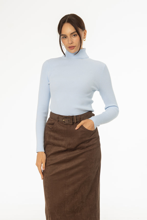 Blue Basic Ribbed Knit Turtleneck