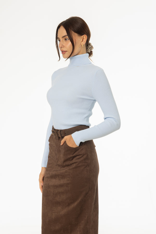 Blue Basic Ribbed Knit Turtleneck