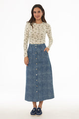 Blue Brushed Denim Maxi Skirt