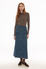 Blue Button Pocket Denim Maxi Skirt