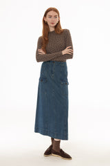 Blue Button Pocket Denim Maxi Skirt