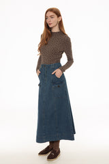 Blue Button Pocket Denim Maxi Skirt