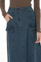 Blue Button Pocket Denim Maxi Skirt