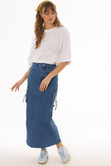 Blue Cargo Denim Maxi Skirt