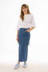 Blue Cargo Denim Maxi Skirt