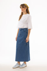 Blue Cargo Denim Maxi Skirt