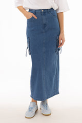 Blue Cargo Denim Maxi Skirt