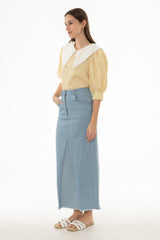 Blue Contrast Denim Maxi Skirt