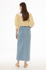 Blue Contrast Denim Maxi Skirt