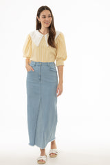 Blue Contrast Denim Maxi Skirt