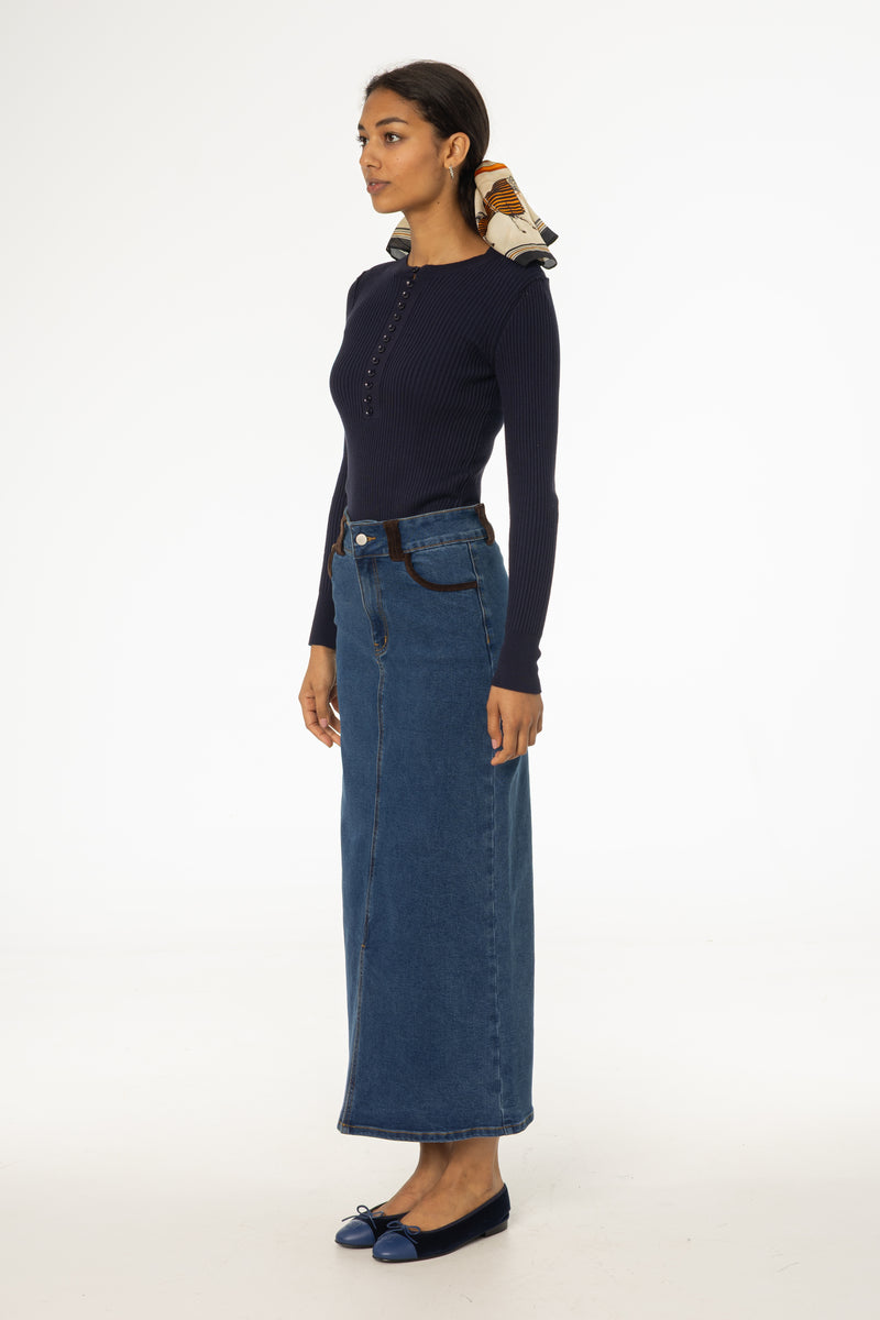 Blue Corduroy Detail Denim Skirt