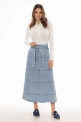 Blue Denim Belted A-Line Maxi Skirt