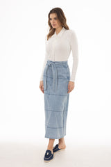 Blue Denim Belted A-Line Maxi Skirt