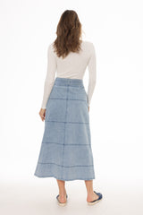 Blue Denim Belted A-Line Maxi Skirt