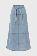 Blue Denim Belted A-Line Maxi Skirt