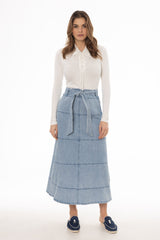 Blue Denim Belted A-Line Maxi Skirt