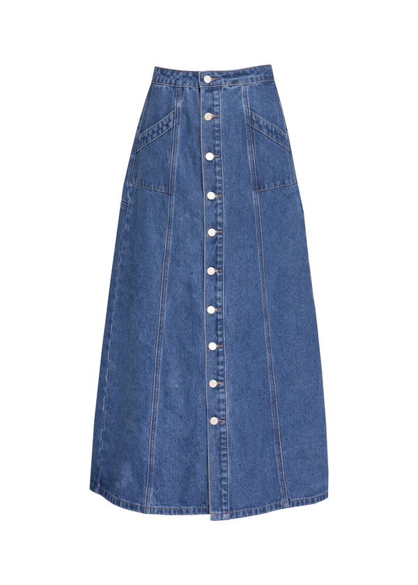 Blue A-line Button Down Denim Skirt
