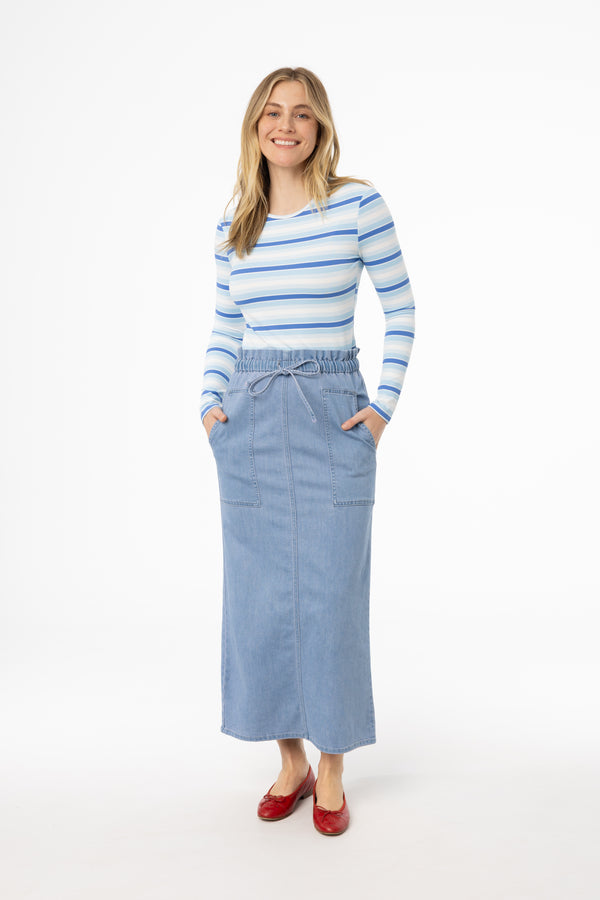 Blue Denim Drawstring Patch Pocket Skirt