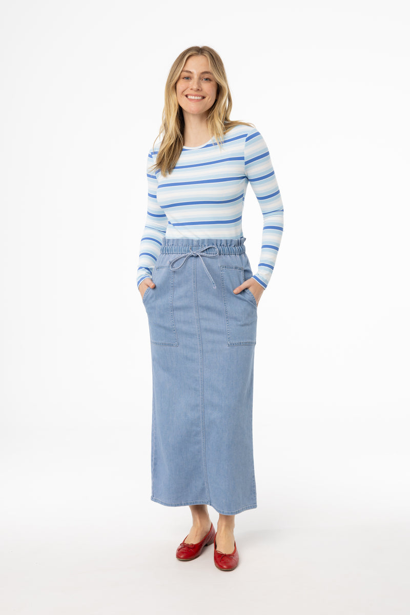 Blue Denim Drawstring Patch Pocket Skirt