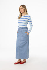 Blue Denim Drawstring Patch Pocket Skirt