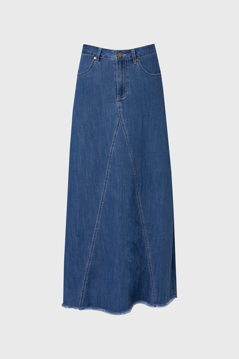 Dark Wash Frayed Edge Denim Skirt