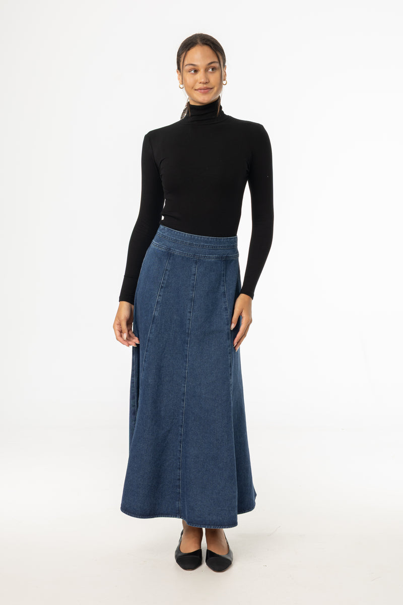 Blue Flared Denim Maxi Skirt