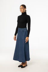 Blue Flared Denim Maxi Skirt