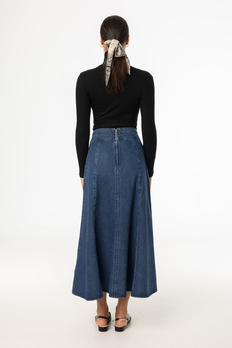 Blue Flared Denim Maxi Skirt