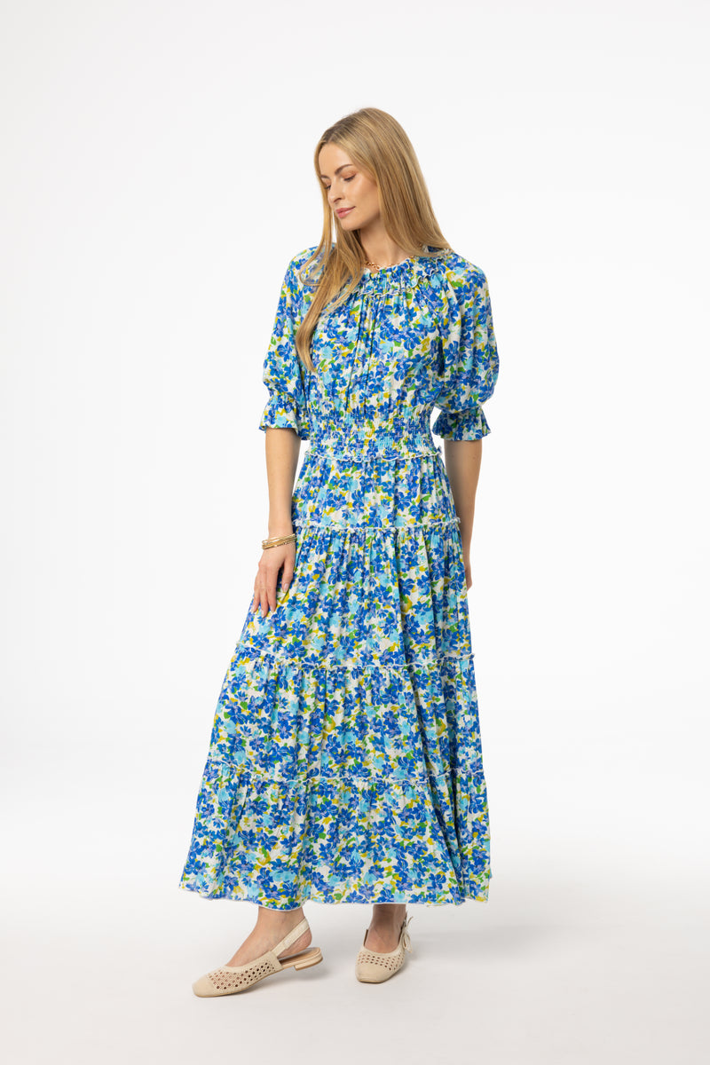 Blue Floral Smocked Maxi Dress