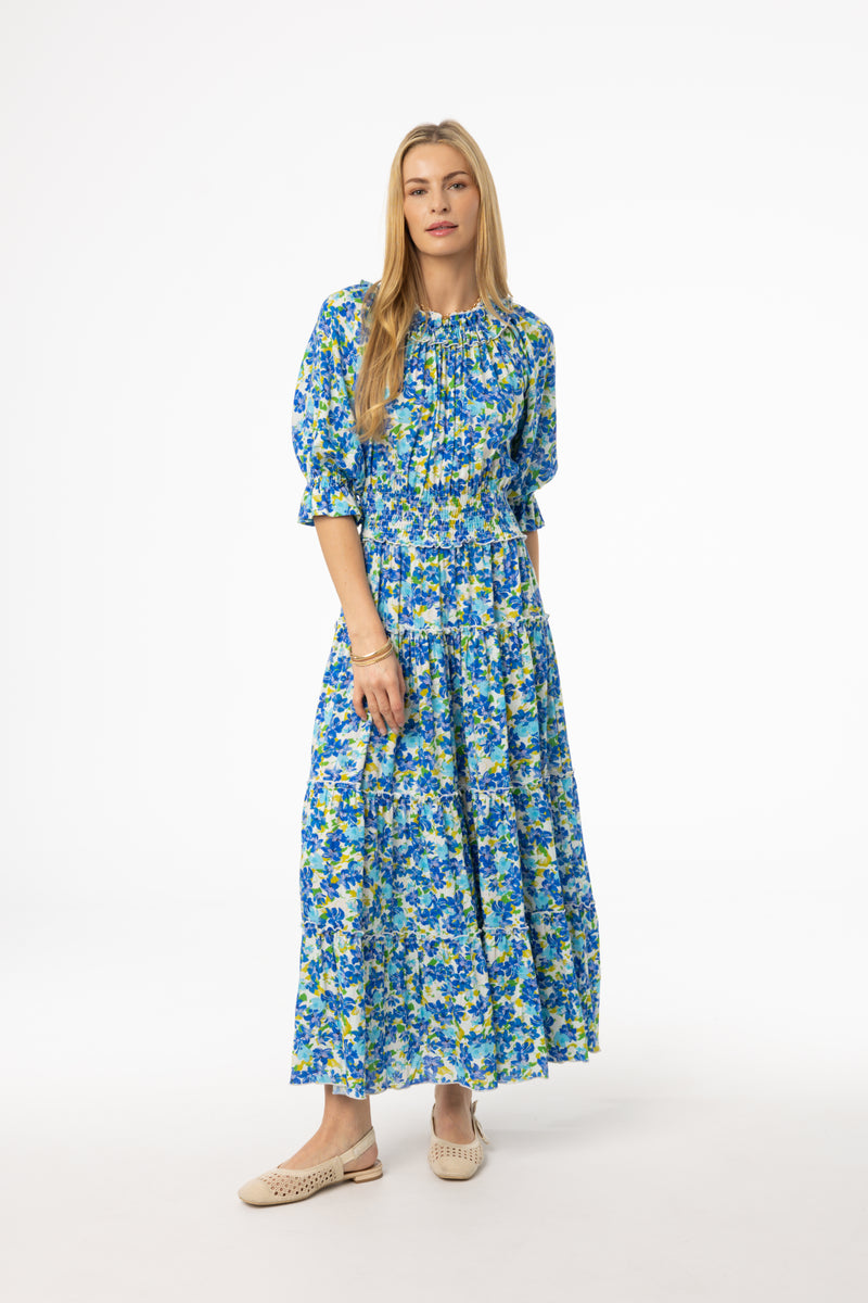 Blue Floral Smocked Maxi Dress