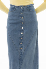 Blue Fringe Button Denim Maxi Skirt