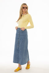 Blue Fringe Button Denim Maxi Skirt