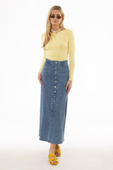 Blue Fringe Button Denim Maxi Skirt