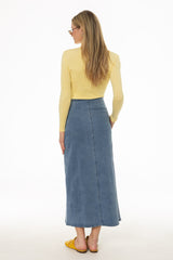 Blue Fringe Button Denim Maxi Skirt