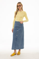 Blue Fringe Button Denim Maxi Skirt