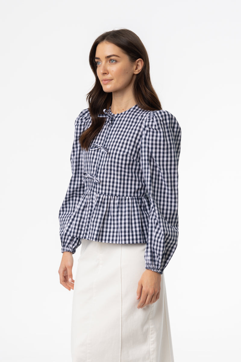 Blue Gingham Bow Blouse